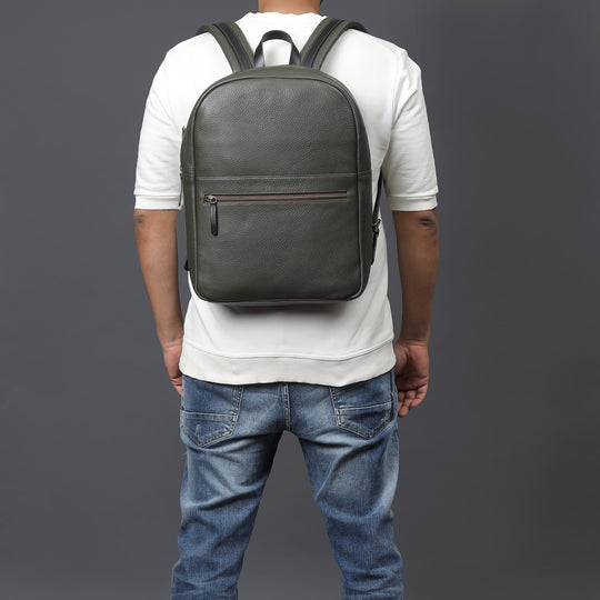 Green leather laptop backpack