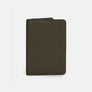 Business cards wallet in olive full-grain leather, closed, standing upright