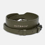 Shoulder strap in olive leather, coiled with the buckle and clips visible