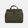 Athens leather briefcase in olive, seen from the front with its twin top handles and metal lock