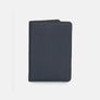 Business cards wallet in navy full-grain leather, closed, standing upright