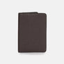Business cards wallet in brown full-grain leather, closed, standing upright