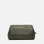 Athens toilet bag in olive full-grain leather, zipped shut, seen from the front