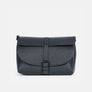 Clara crossbody bag in navy full-grain leather, front flap closed