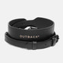 Shoulder strap in black leather, coiled with the buckle and clips visible