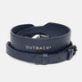 Shoulder strap in navy leather, coiled with the buckle and clips visible