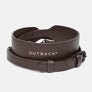 Shoulder strap in brown leather, coiled with the buckle and clips visible