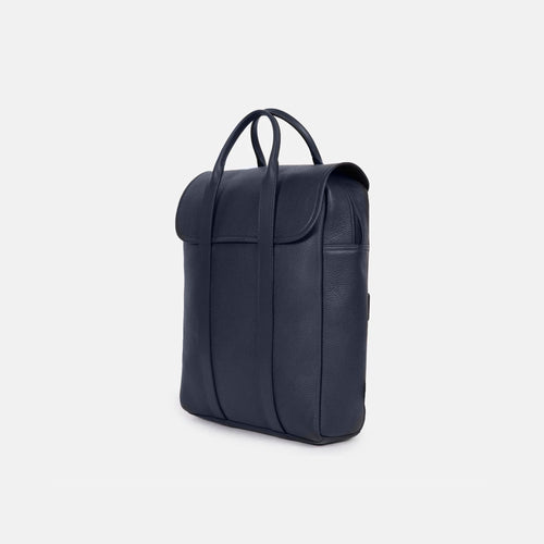 Backpack at an angle, showing the depth and the side profile