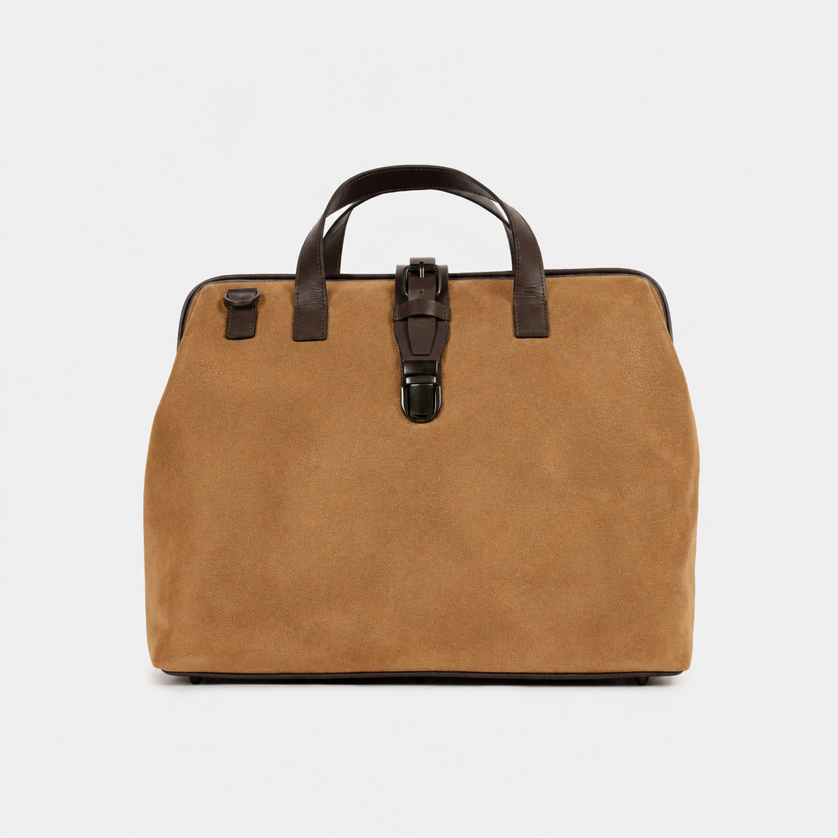 Athens leather briefcase in tan suede, seen from the front with its twin top handles and metal lock