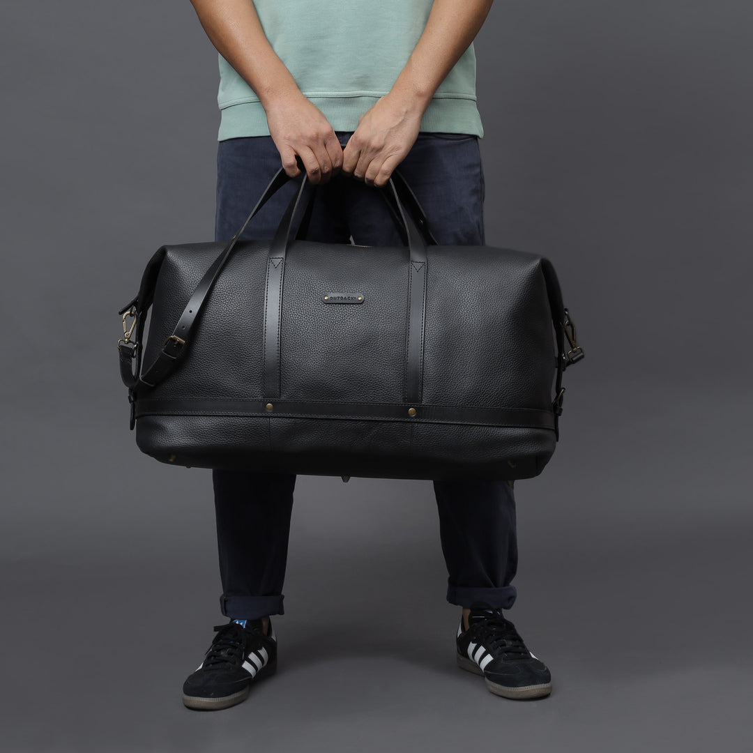 black leather large travel handbag