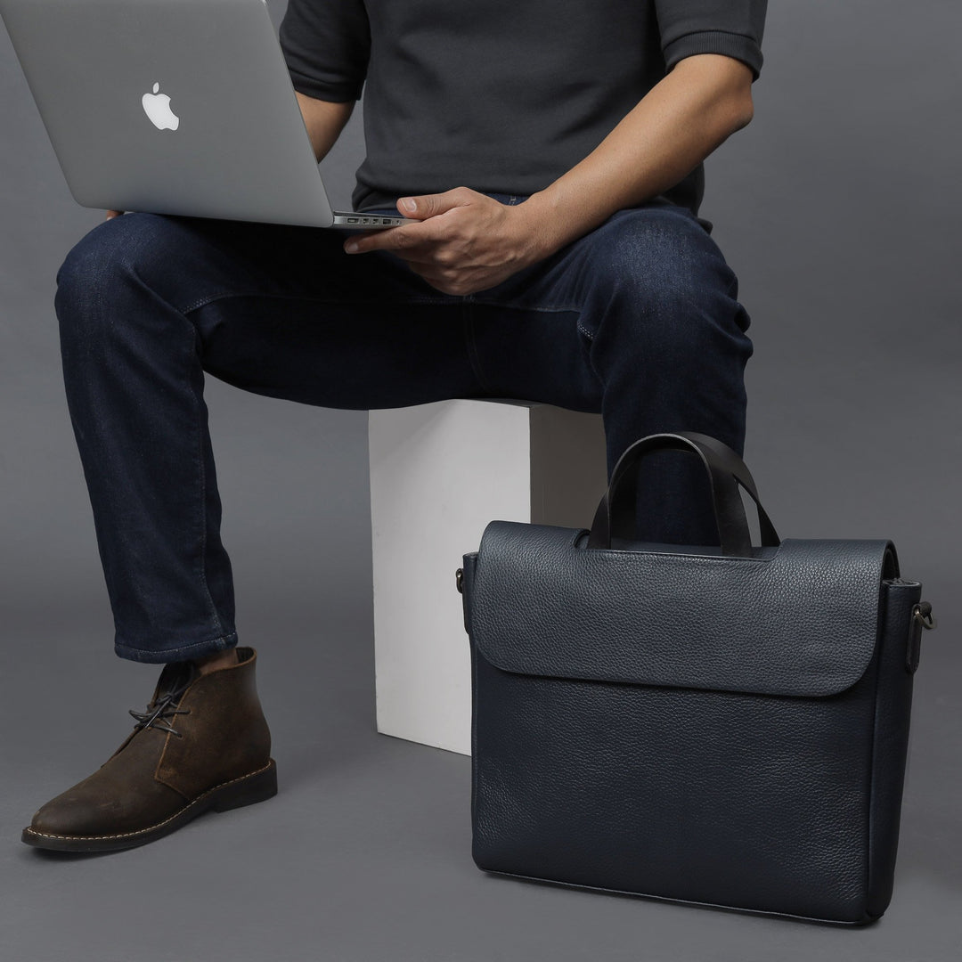 navy leather office briefcase