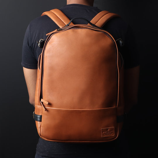 Tan leather laptop travel backpack