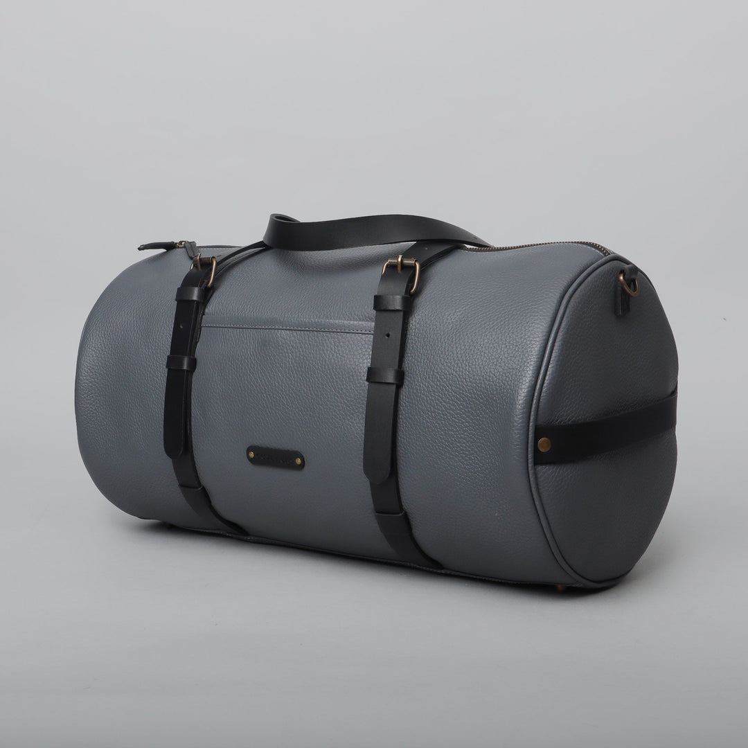 Grey leather gym bag