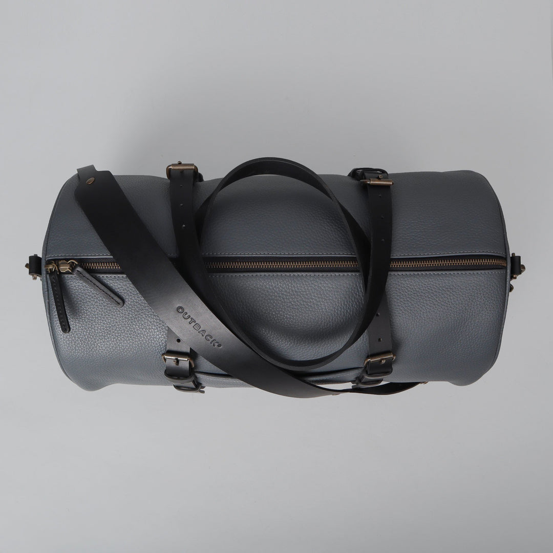 grey leather gym duffle bag