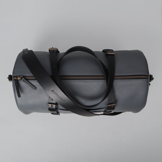 grey leather gym duffle bag