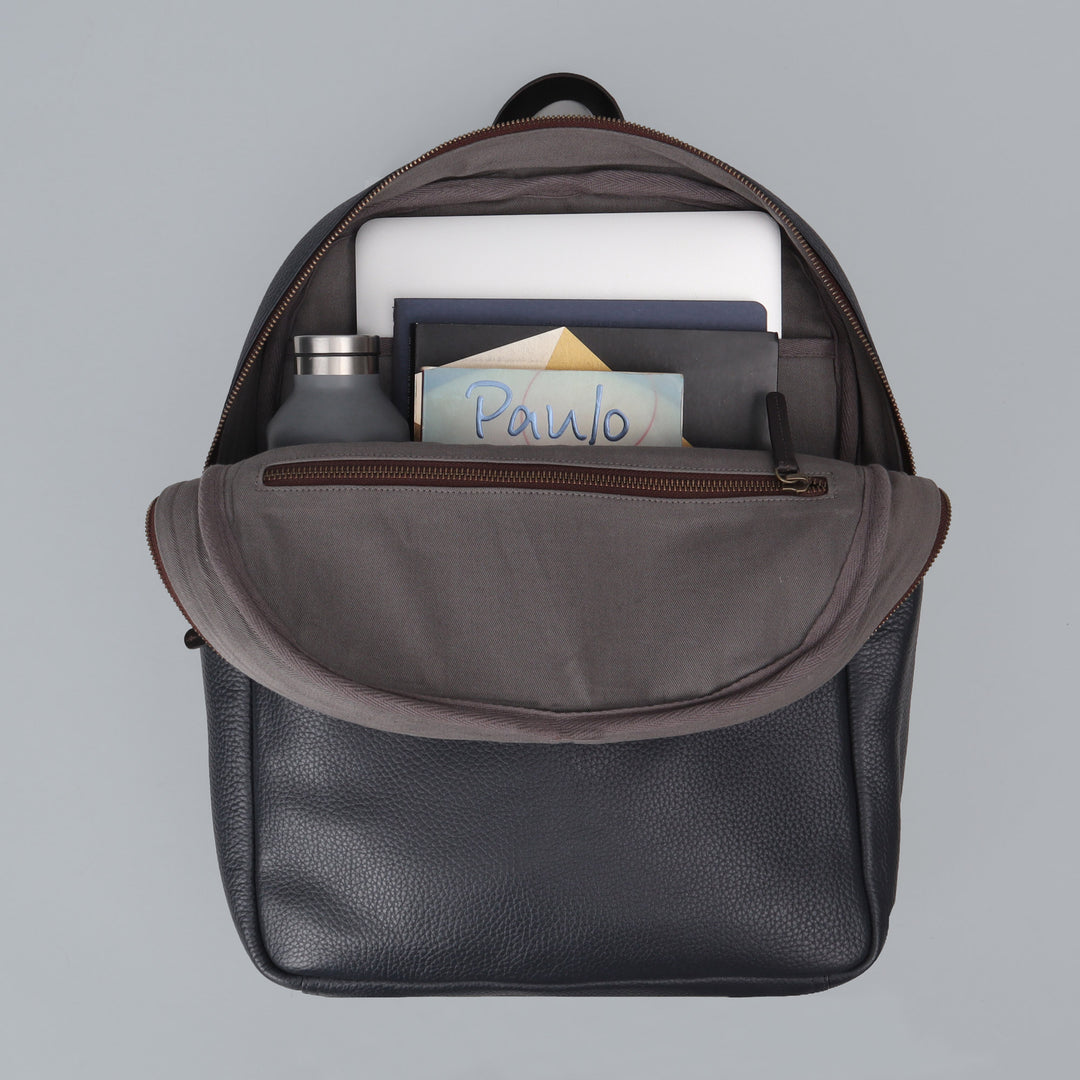 Navy leather laptop backpack