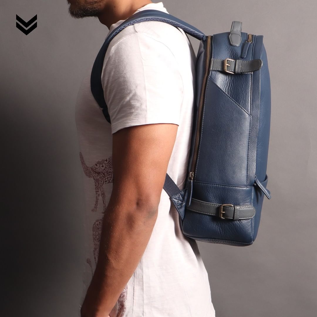 Navy leather travel backpack