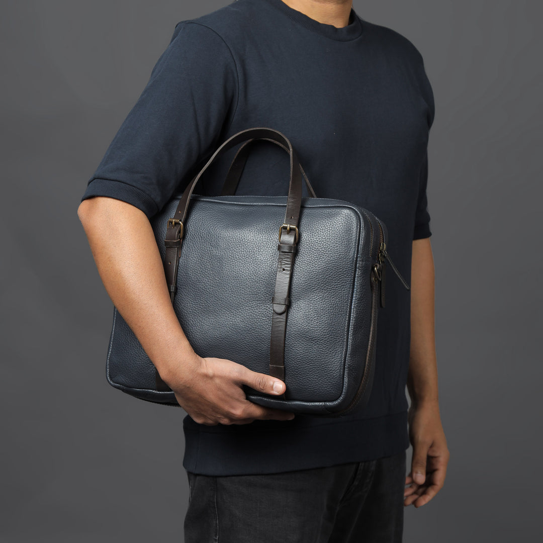 navy leather briefcase bag