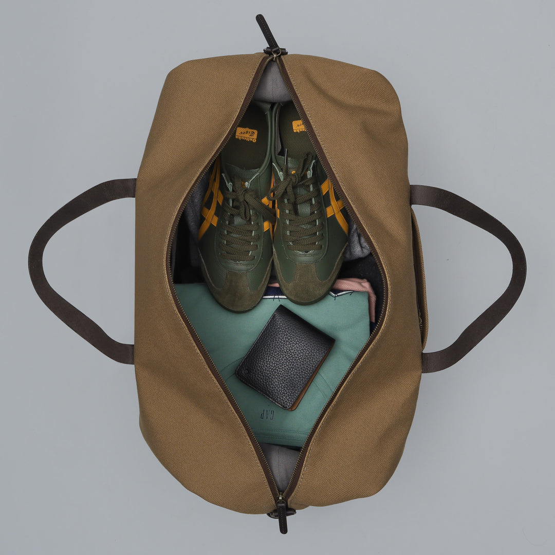 khaki canvas travel bag with strap