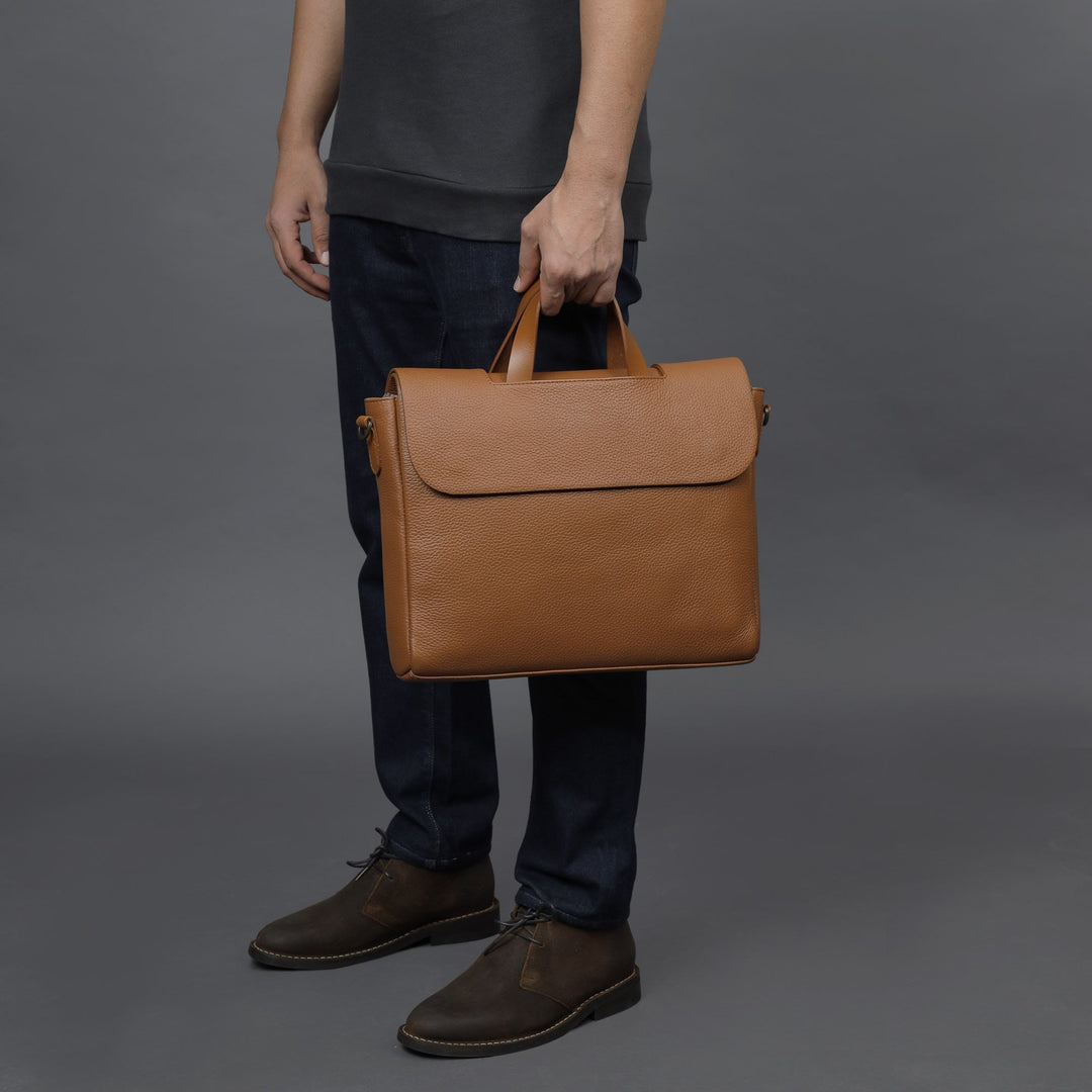 tan leather briefcase bag