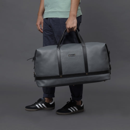 grey leather travel bag for men